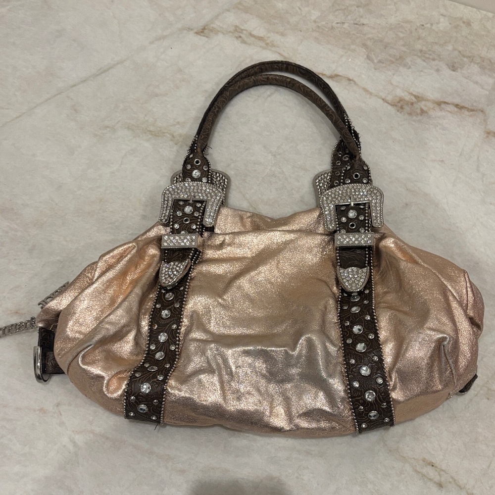 โจCharm & Luck Shiny Pink Leather Handbag with Rhinestone BucklesโGenuine Leather - Picture 2 of 11
